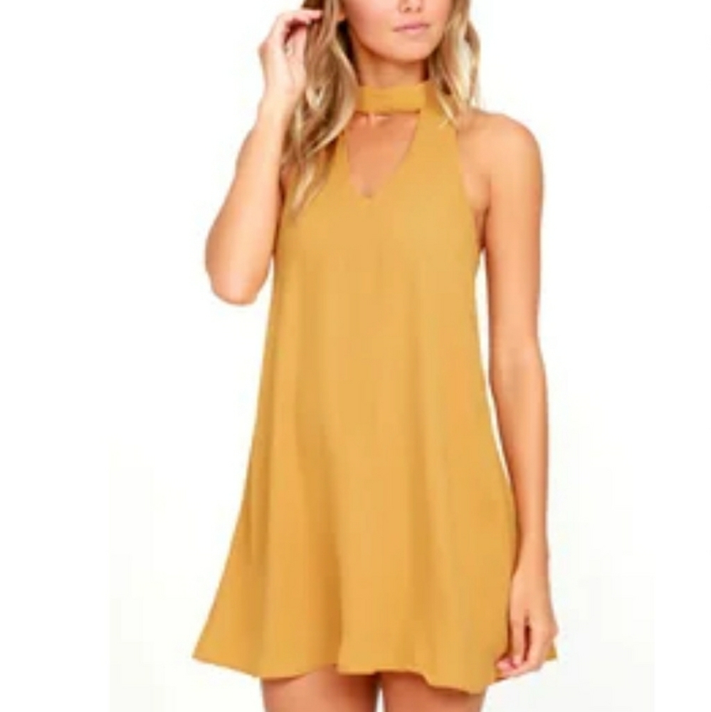Lulu's mustard yellow chiffon choker flowy dress